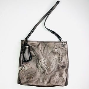 Brighton Bronze Leather Embossed Floral Tassel Shoulder Bag.